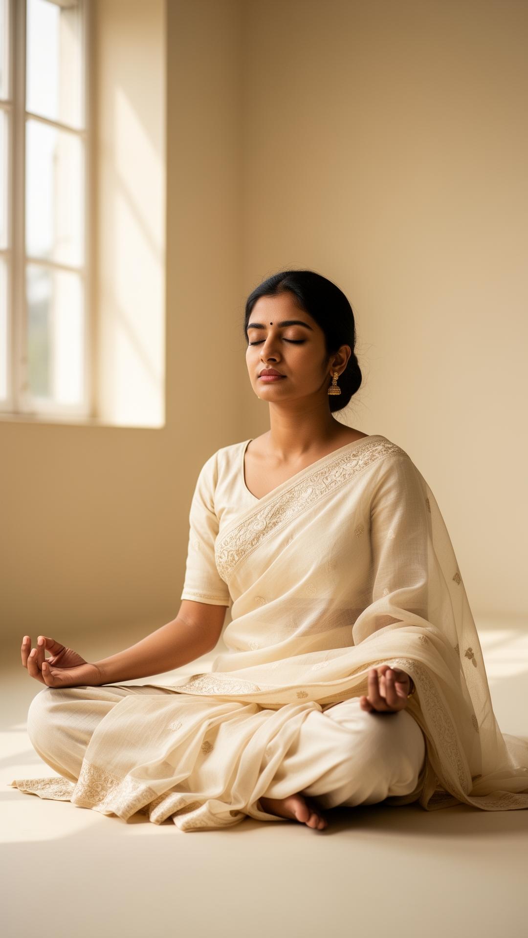A woman in serene meditation, illustrating GyanGanj's path of inner stillness